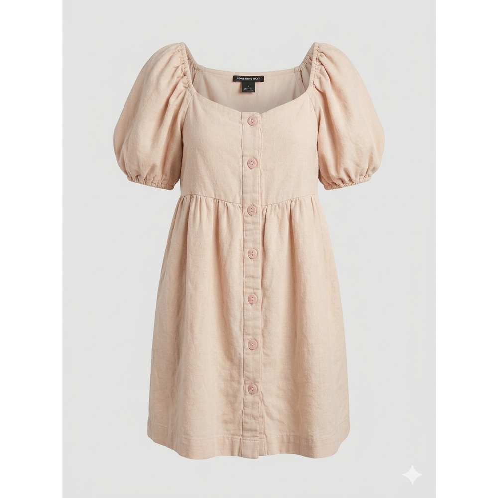 Something Navy Linen Blend‎ Puff Sleeve Button Down Mini Dress Beige 5